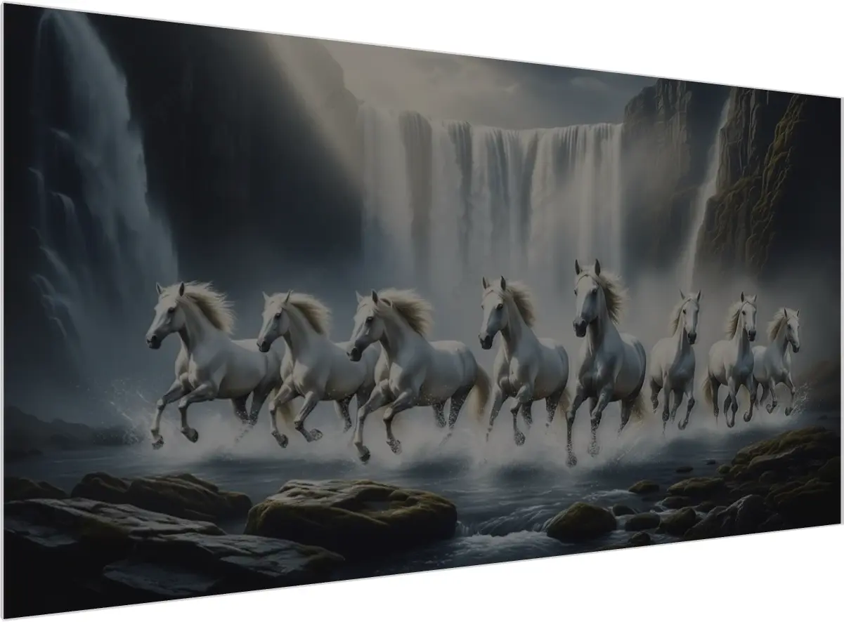 Seven White Horses Galloping Through Waterfall — acrylic preview | PrintPosters.in